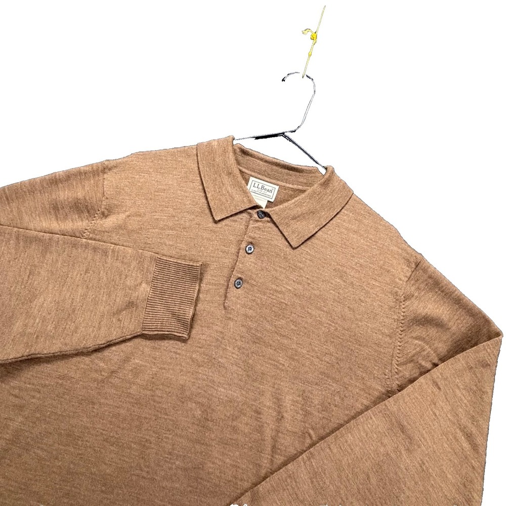 LLBean Polo Sweater Mens XL-Reg 100% Merino Wool Long Sleeve Brown Pullover Y2K